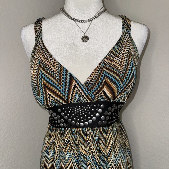 Y2K Studio West Midi Dress Women's Large Boho Chevron Print Studded Belt V-Neck - Picture 4 of 9